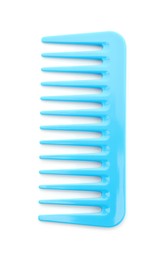 Photo of One light blue plastic comb isolated on white, top view