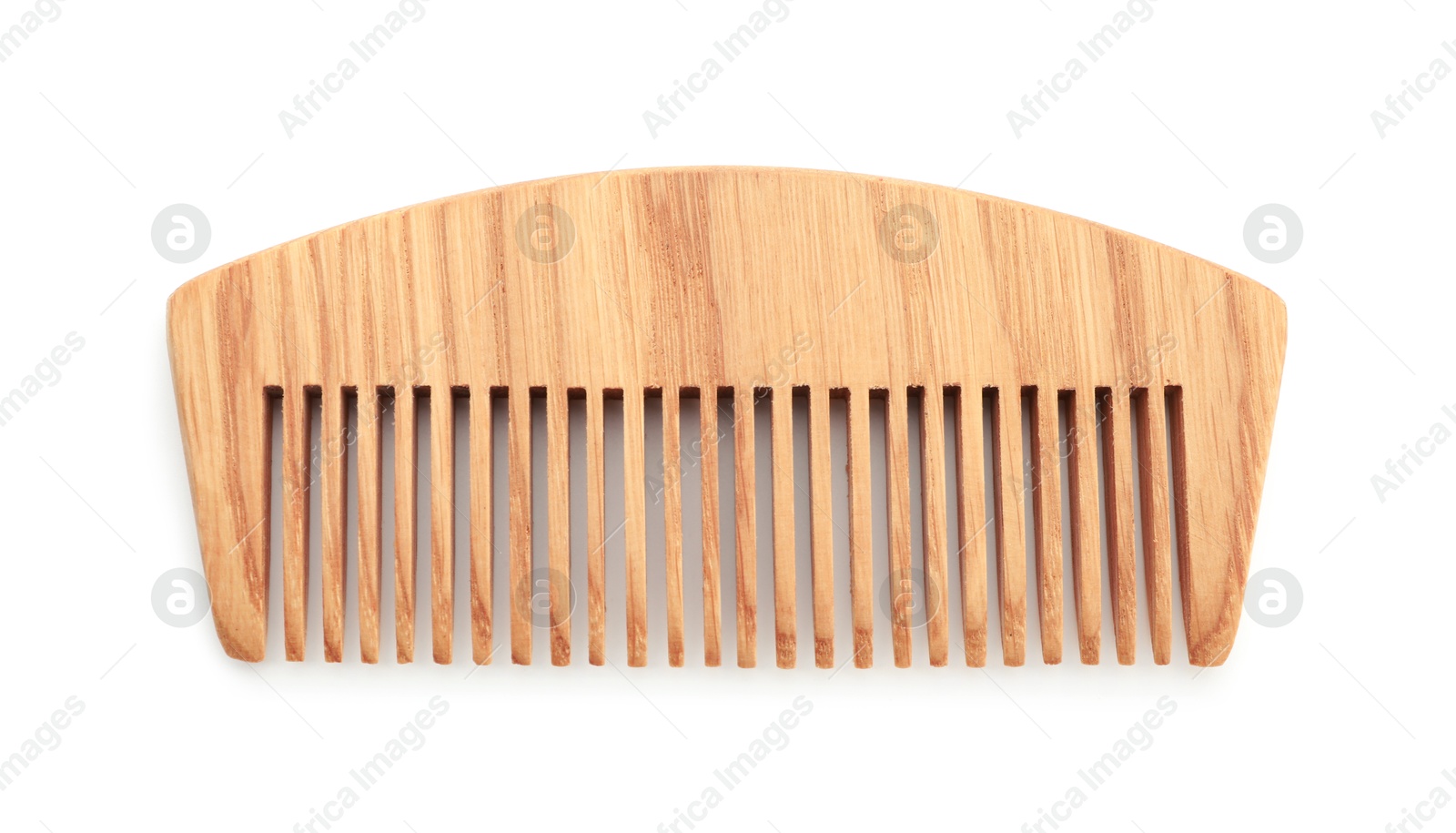 Photo of One wooden hair comb isolated on white, top view