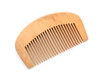 Photo of One wooden hair comb isolated on white, top view