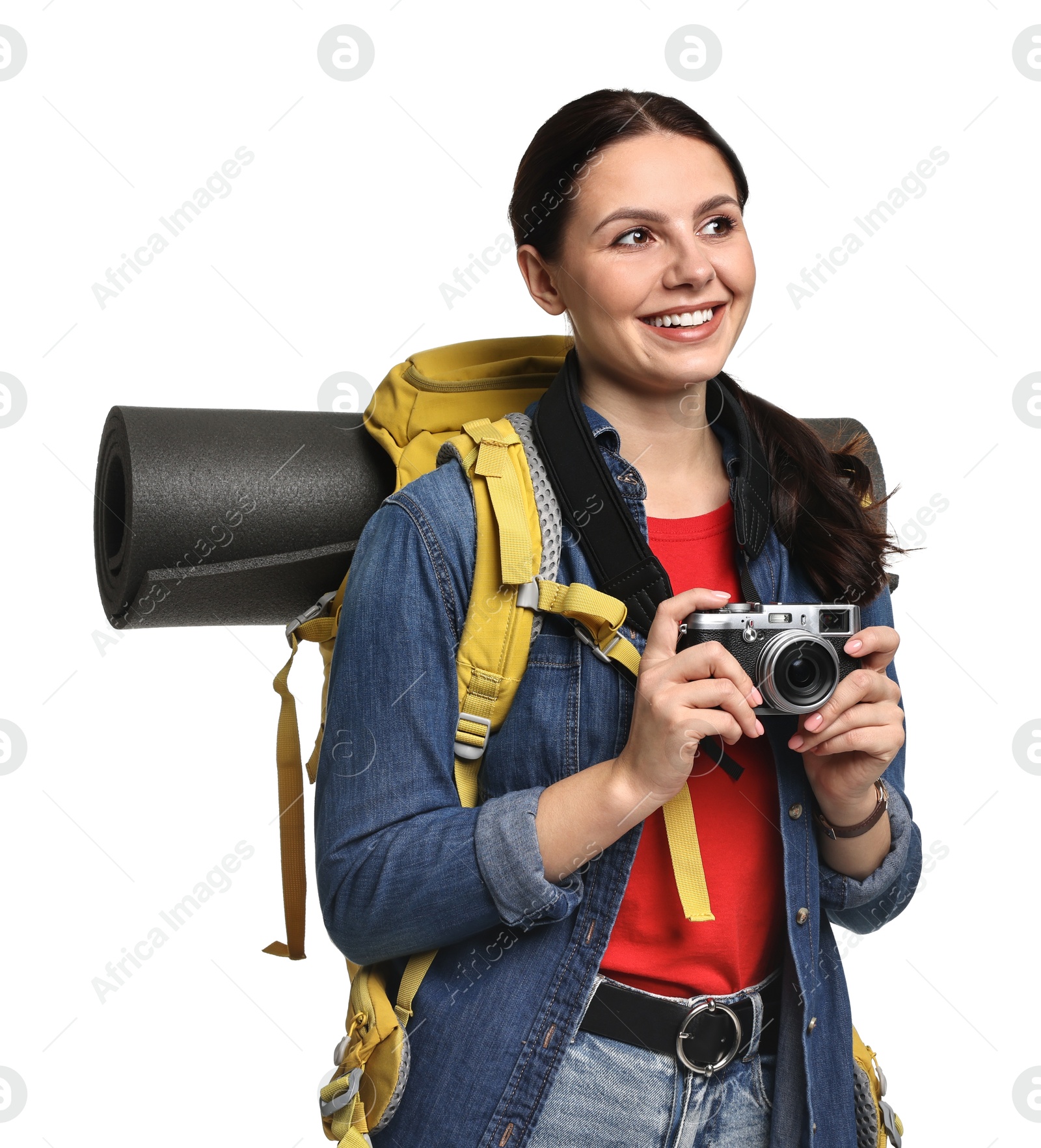 Photo of Young tourist with camera and backpack on white background