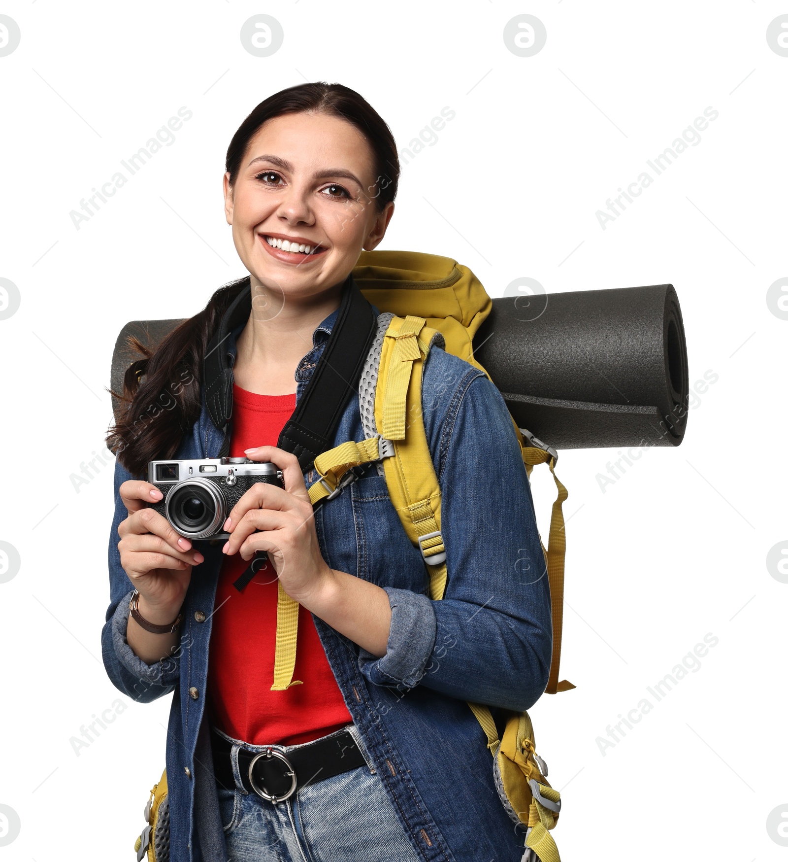 Photo of Young tourist with camera and backpack on white background