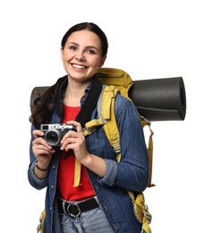 Photo of Young tourist with camera and backpack on white background