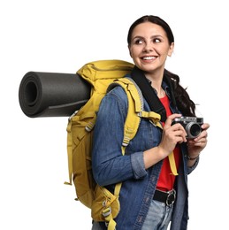 Photo of Young tourist with camera and backpack on white background