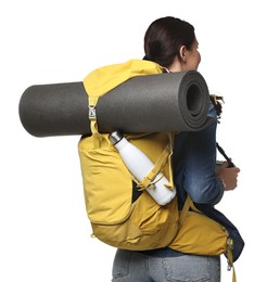 Photo of Young tourist with backpack on white background, back view