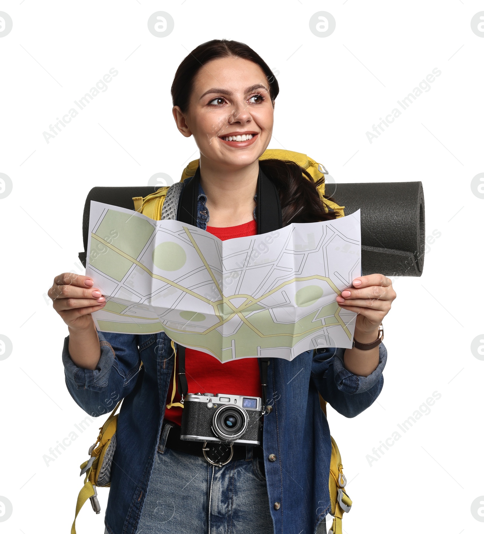 Photo of Young tourist with backpack and map on white background