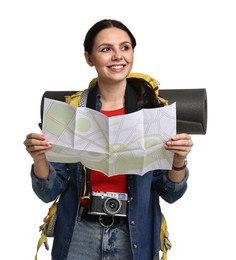 Photo of Young tourist with backpack and map on white background