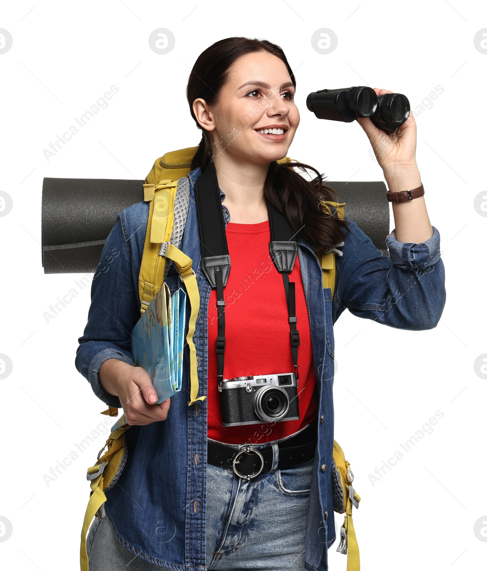 Photo of Young tourist with backpack, binoculars and camera on white background