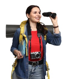 Photo of Young tourist with backpack, binoculars and camera on white background