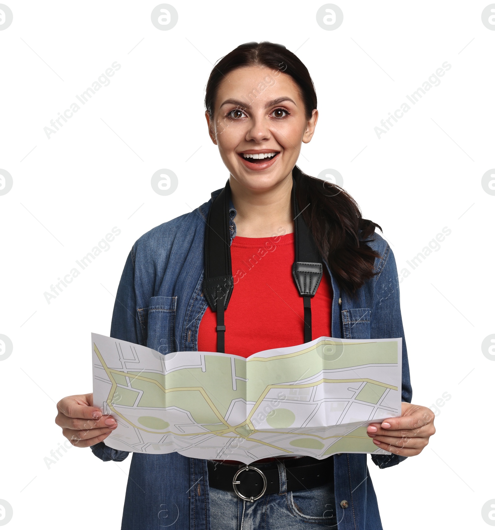 Photo of Young tourist with map on white background