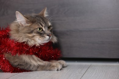 Photo of Cute cat with red Christmas tinsel on floor, space for text