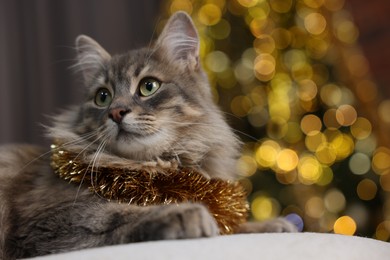 Photo of Cute cat with shiny tinsel on pouf against blurred lights, closeup. Christmas atmosphere