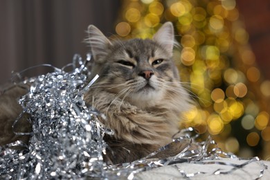 Photo of Cute cat with shiny tinsel on pouf against blurred lights, closeup. Christmas atmosphere