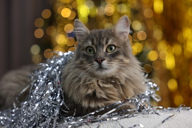 Photo of Cute cat with shiny tinsel on pouf against blurred lights. Christmas atmosphere