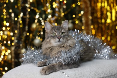 Photo of Cute cat with shiny tinsel on pouf against blurred lights. Christmas atmosphere