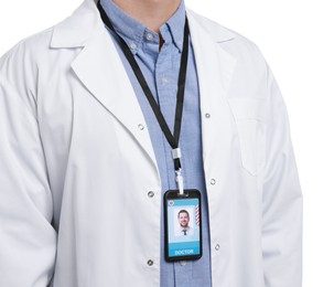 Photo of Doctor with badge on white background, closeup