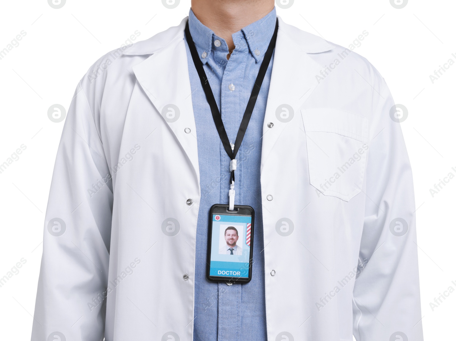 Photo of Doctor with badge on white background, closeup