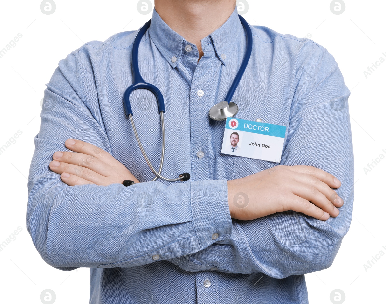 Photo of Doctor with badge on white background, closeup