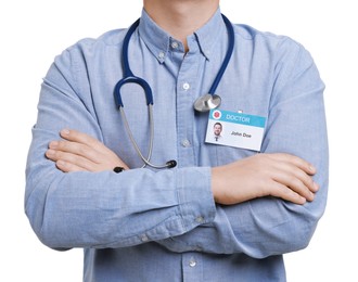 Photo of Doctor with badge on white background, closeup