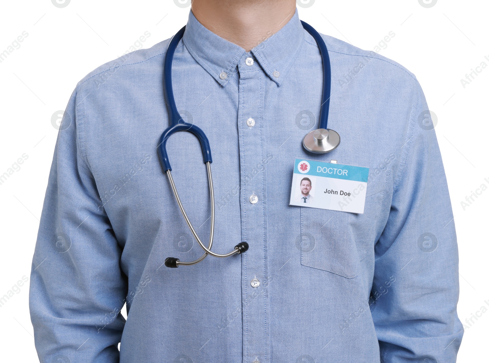 Photo of Doctor with badge on white background, closeup