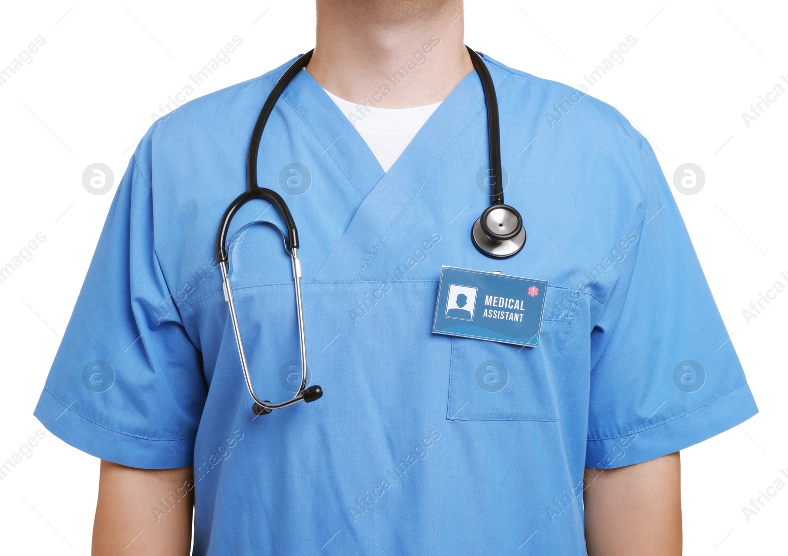 Photo of Medical assistant with badge on white background, closeup