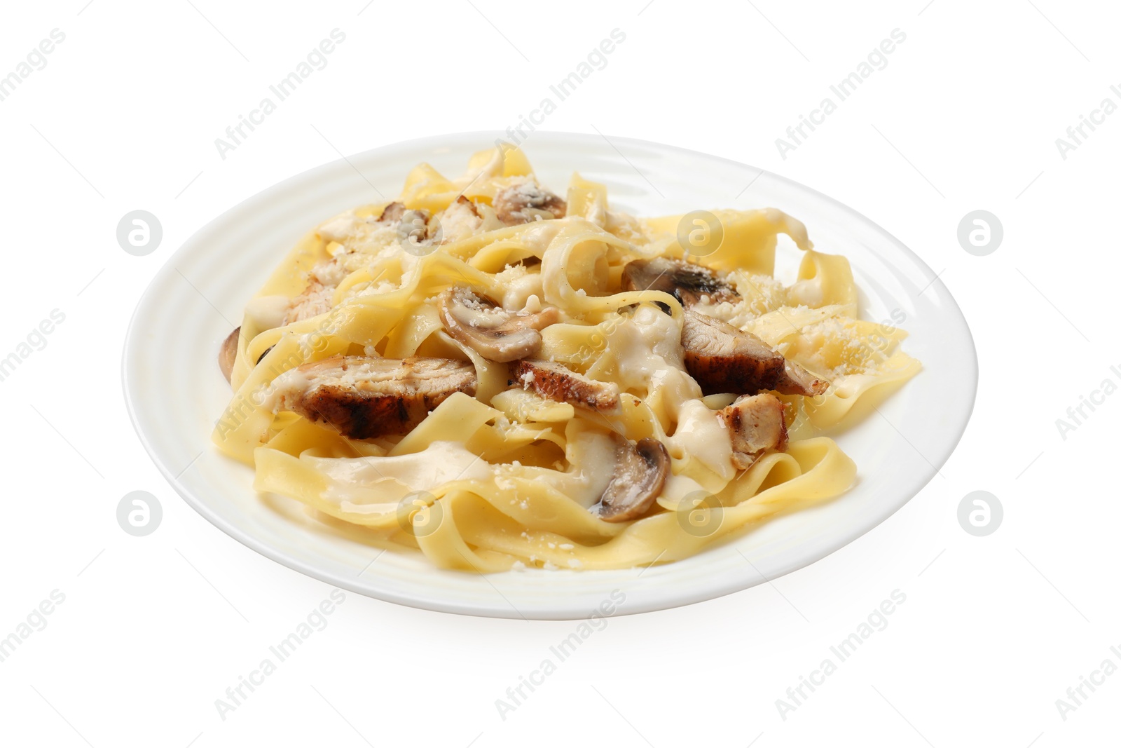 Photo of Tasty Alfredo pasta with chicken and mushrooms isolated on white