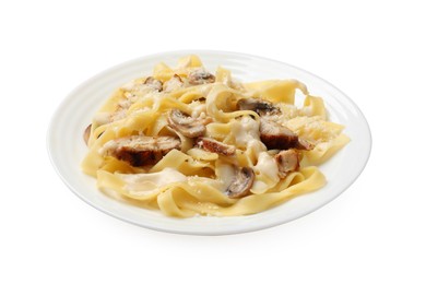 Photo of Tasty Alfredo pasta with chicken and mushrooms isolated on white