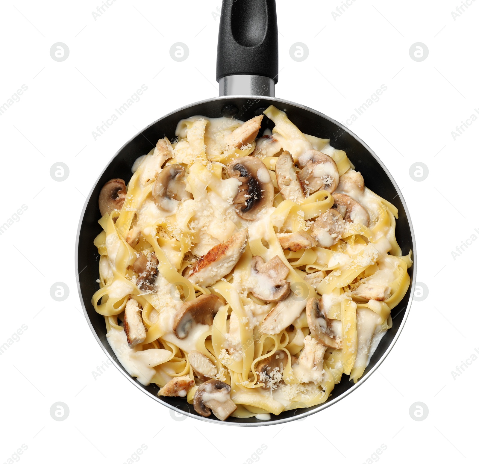 Photo of Tasty Alfredo pasta with chicken and mushrooms in frying pan isolated on white, top view