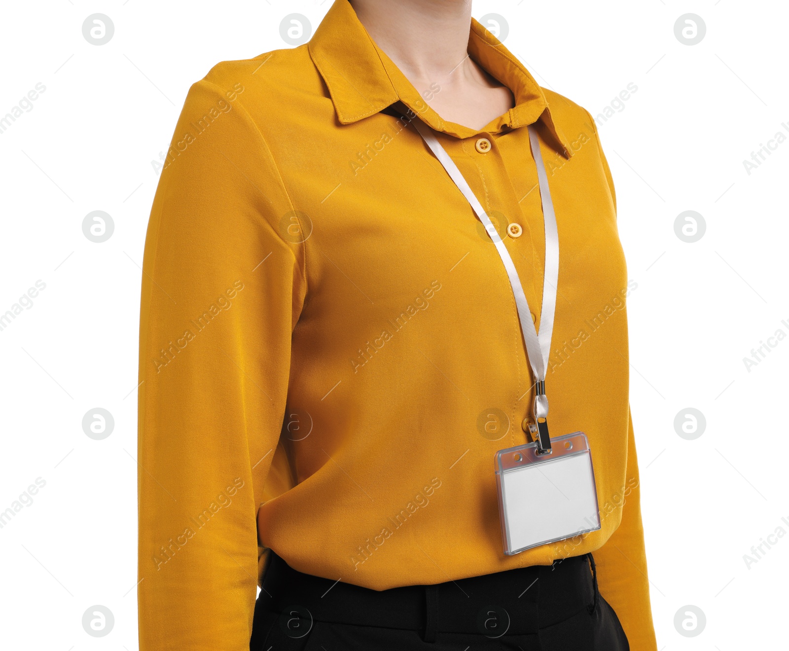 Photo of Woman with blank badge on white background, closeup