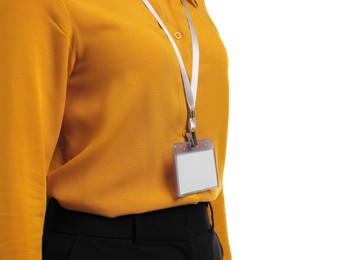 Photo of Woman with blank badge on white background, closeup