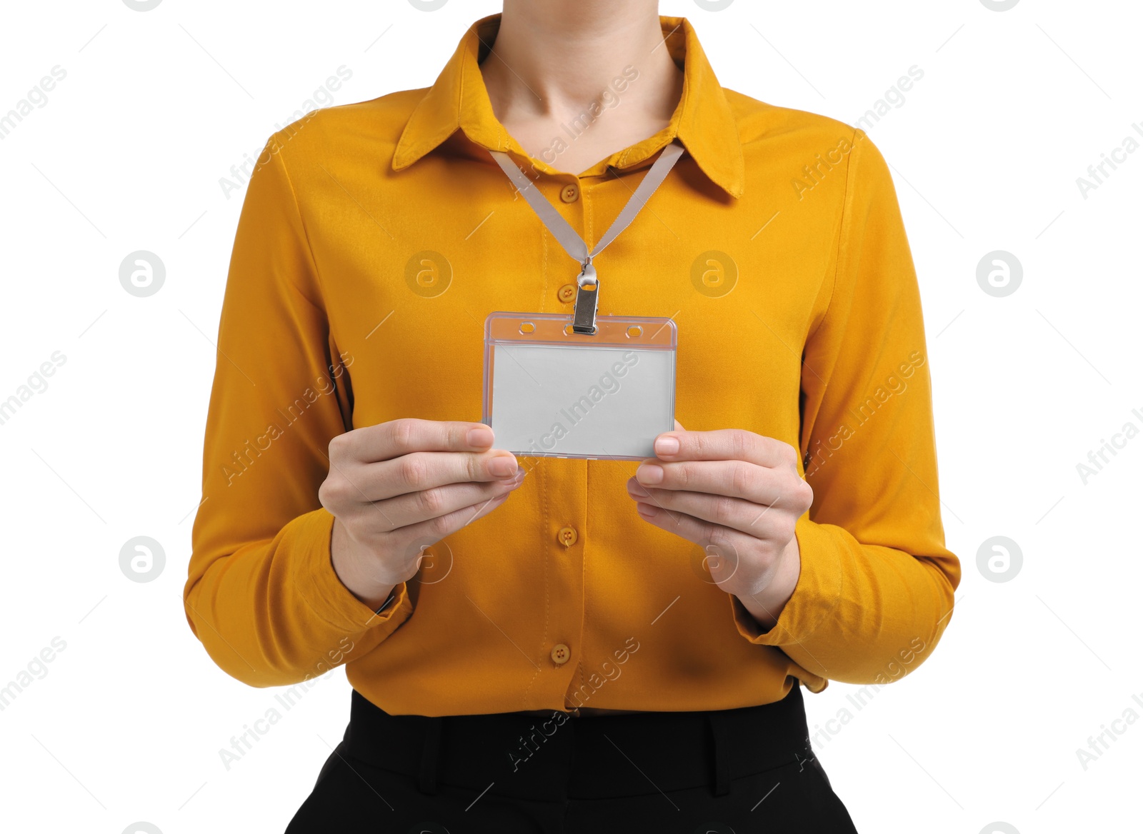 Photo of Woman with blank badge on white background, closeup