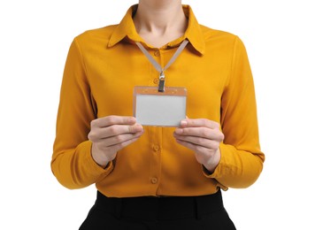 Photo of Woman with blank badge on white background, closeup