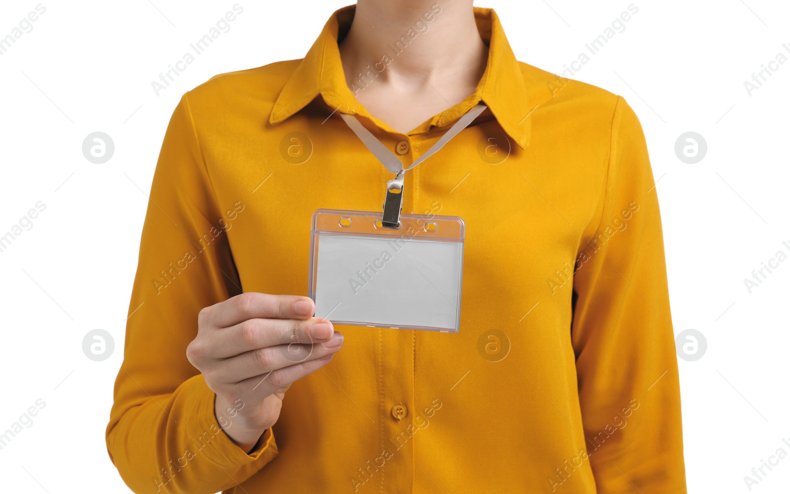 Photo of Woman with blank badge on white background, closeup