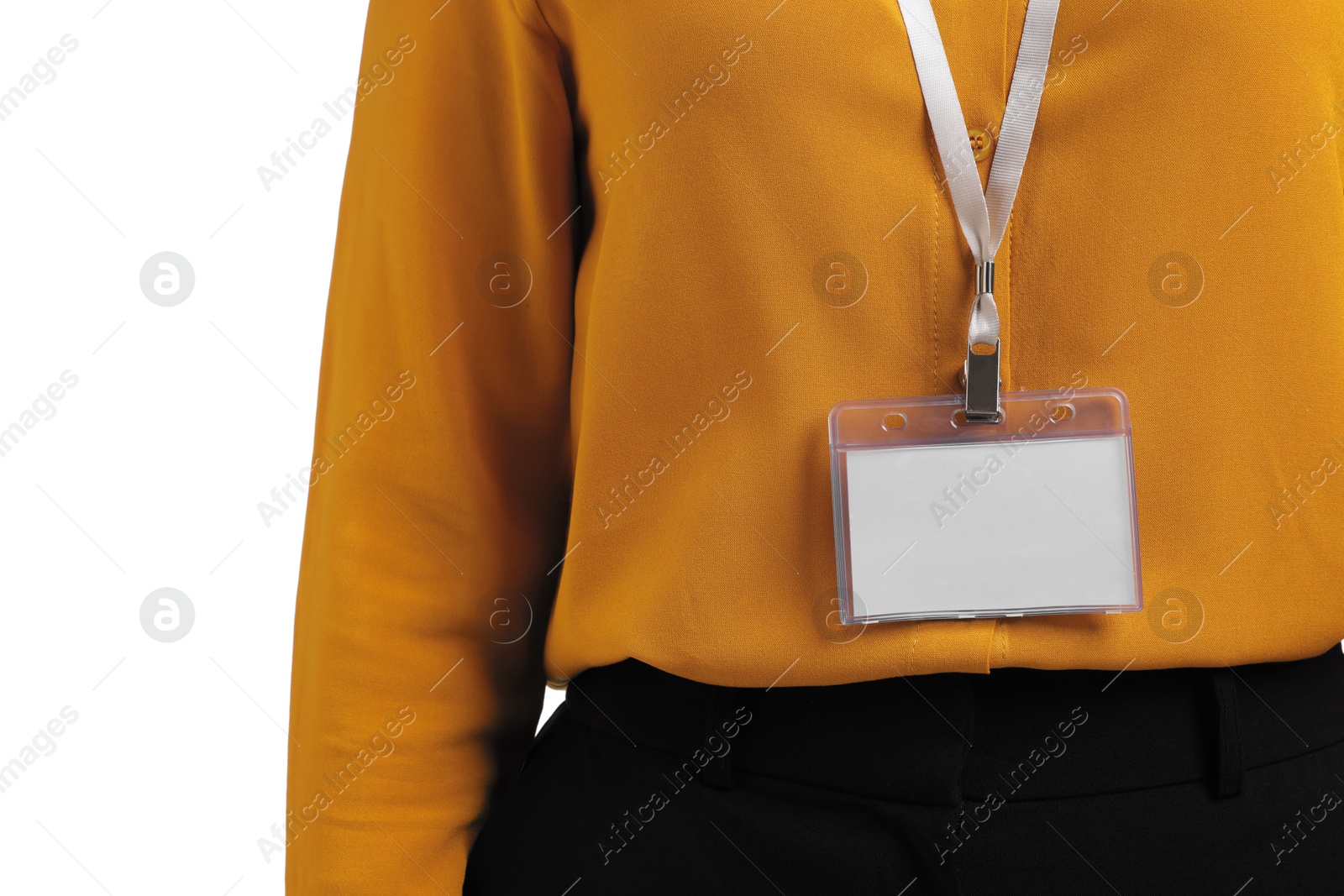 Photo of Woman with blank badge on white background, closeup