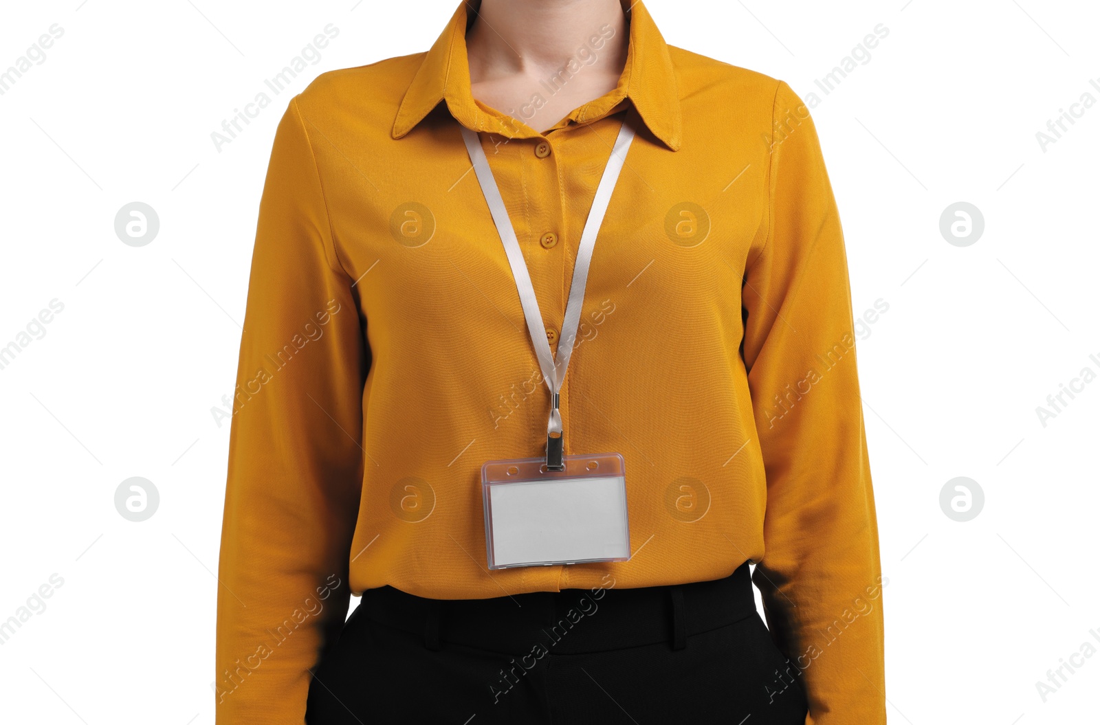 Photo of Woman with blank badge on white background, closeup