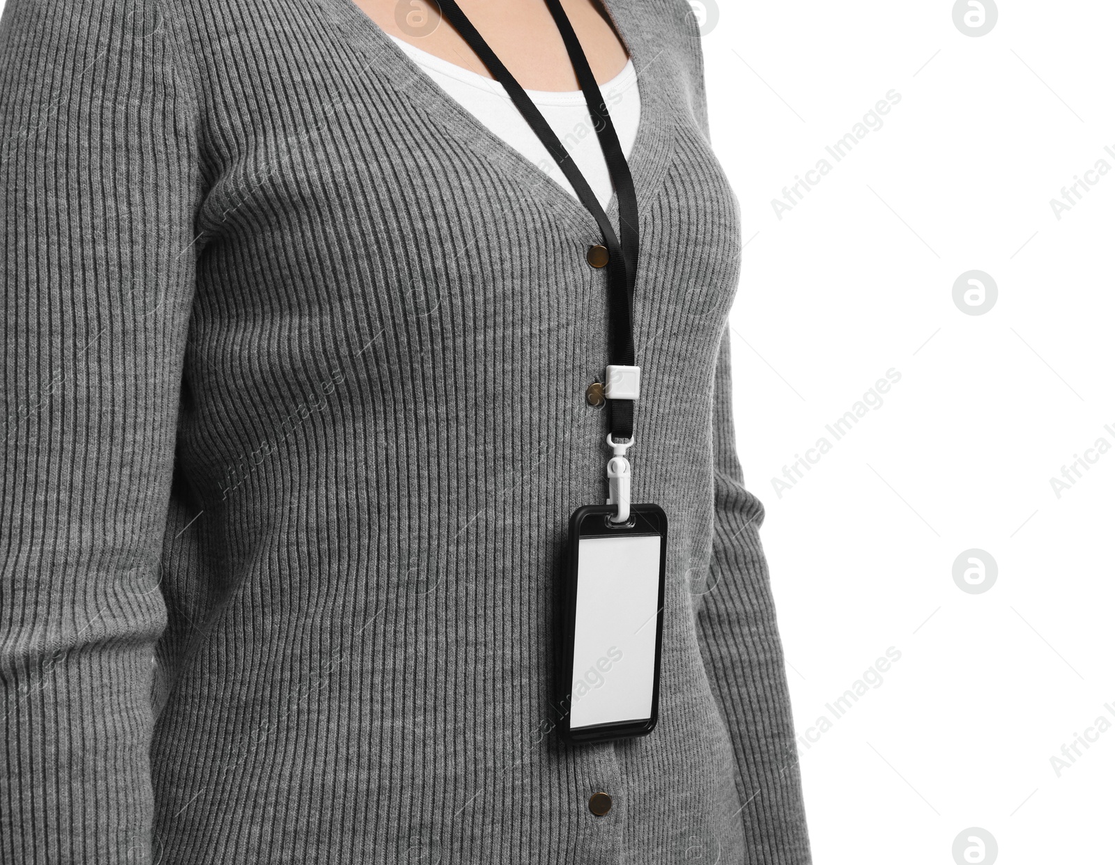 Photo of Woman with blank badge on white background, closeup