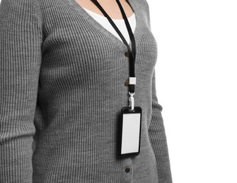 Photo of Woman with blank badge on white background, closeup