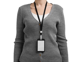 Photo of Woman with blank badge on white background, closeup