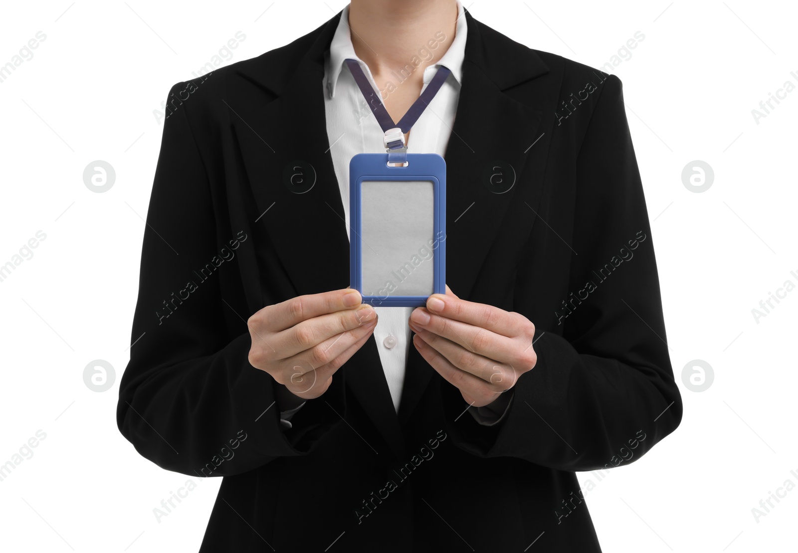 Photo of Woman with blank badge on white background, closeup