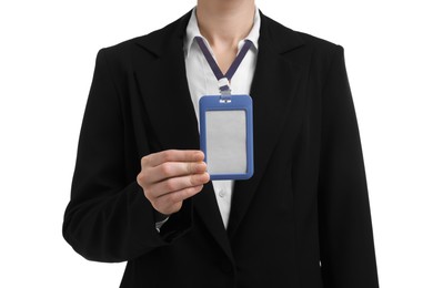 Photo of Woman with blank badge on white background, closeup