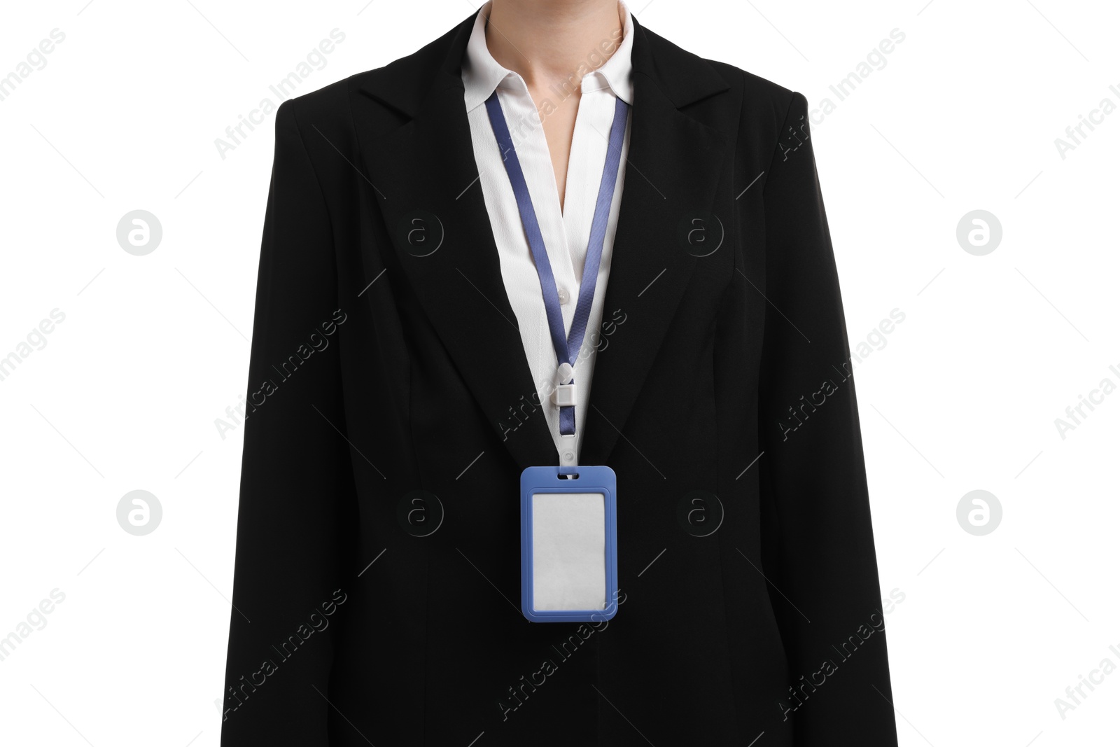 Photo of Woman with blank badge on white background, closeup