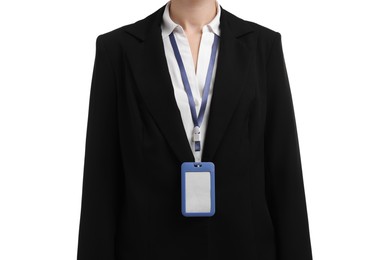 Photo of Woman with blank badge on white background, closeup