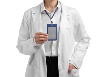 Photo of Doctor with badge on white background, closeup