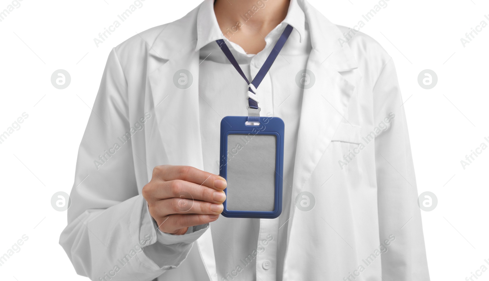 Photo of Doctor with badge on white background, closeup