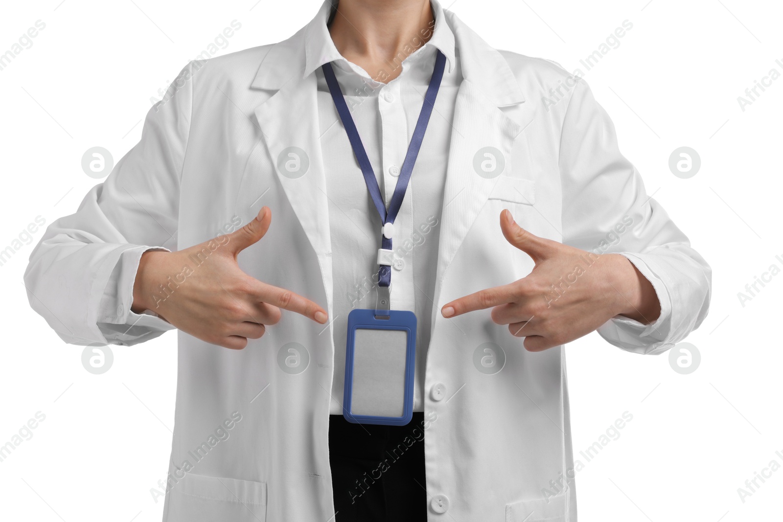 Photo of Doctor pointing at her badge on white background, closeup