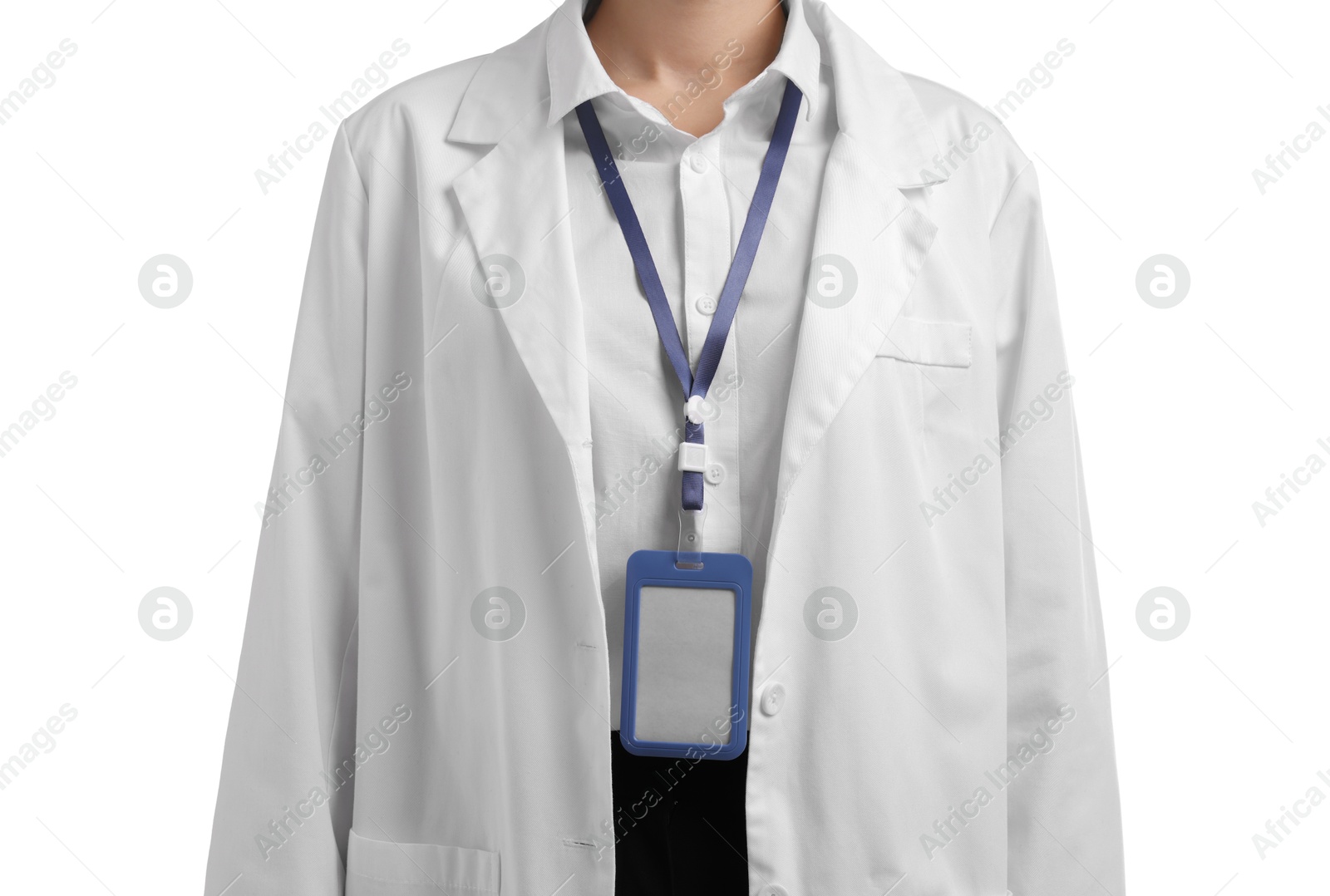 Photo of Doctor with badge on white background, closeup