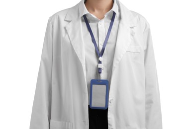 Photo of Doctor with badge on white background, closeup