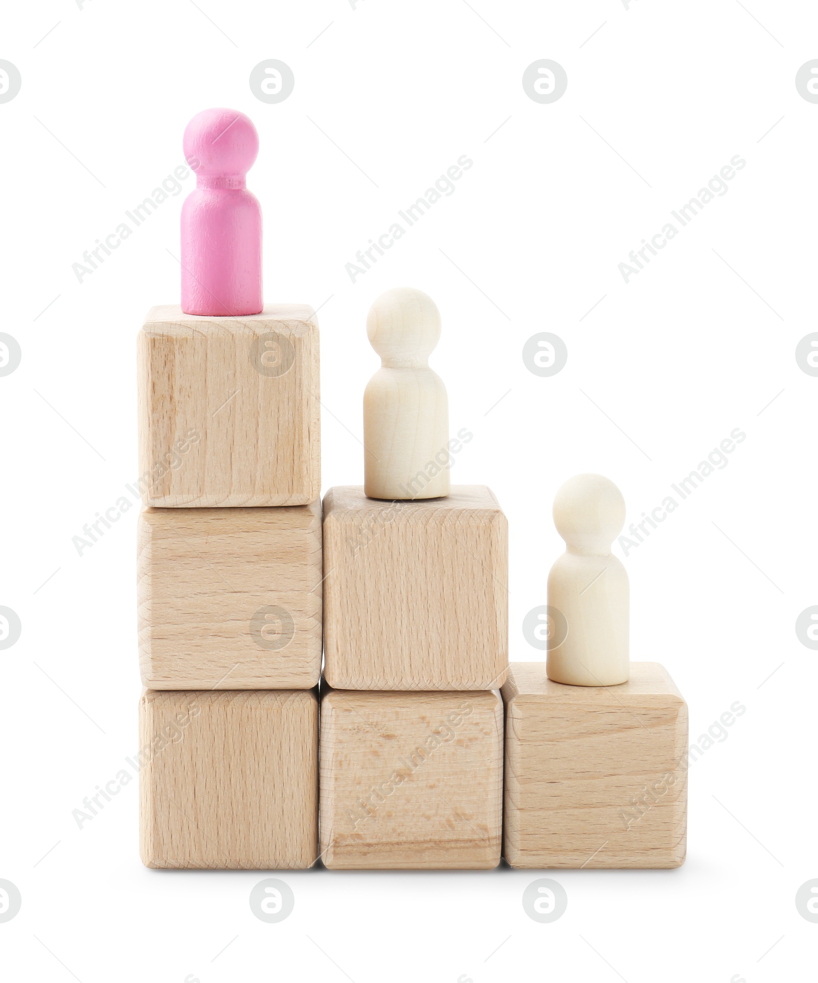 Photo of Human figures on wooden blocks, pink one on top against white background. Competition concept