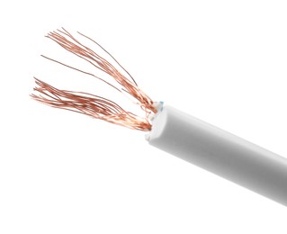 Photo of Stripped electrical wire with copper strands on white background