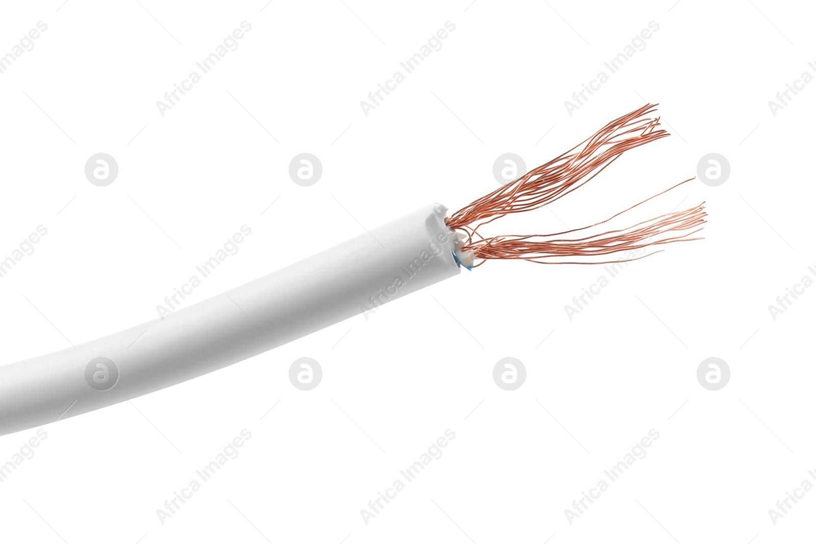 Photo of Stripped electrical wire with copper strands on white background