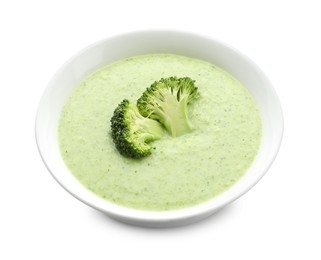 Photo of Delicious broccoli cream soup in bowl isolated on white